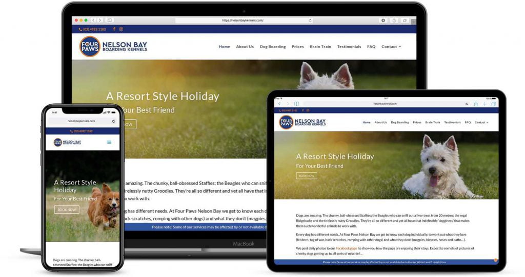 Image displaying the website nelsonbaykennels.com in multiple formats