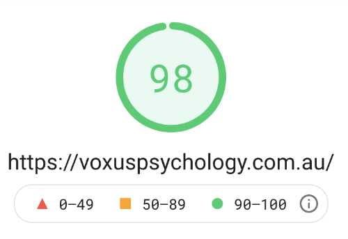 Image showing Voxus Psychology page speed at 98% on Mobile devices